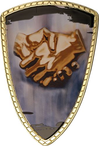 SHIELD/HUG-B - Štít na pohár ruky priateľstvo H-11 cm, š.7,5 cm